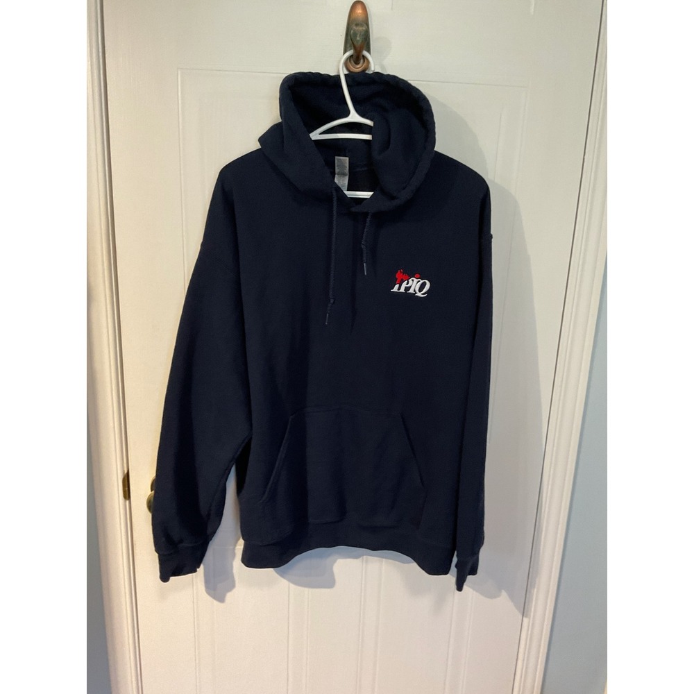 Gildan Hoodie Mens L Navy Blue Excellent Heavy Blend LPIQ Logo Sweatshirt